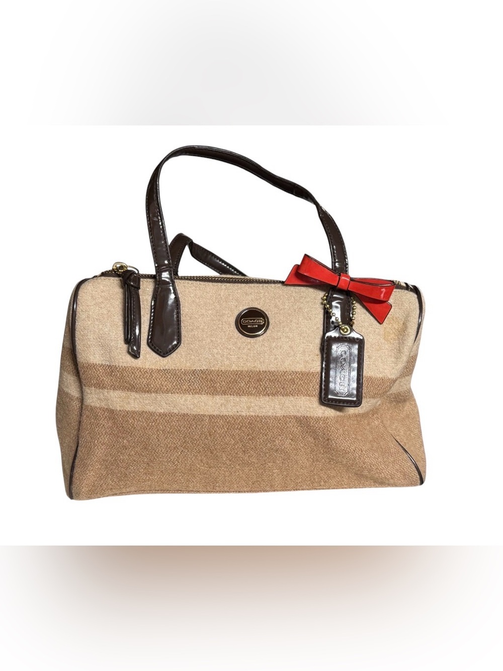 EUC Coach Wool Stripe Satchel Bow Bag F24784 Beige Brown